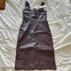 Commense Chocolate Brown Burgundy faux leather Midi Dress